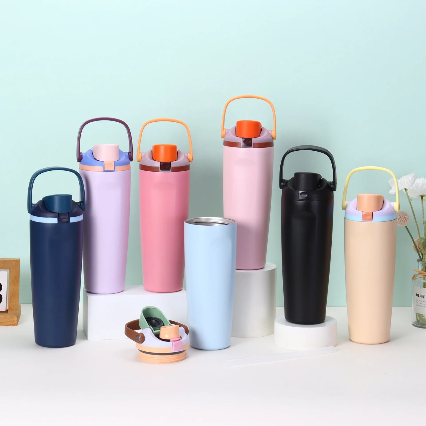 30oz Insulated Bottle Straw Double Wall Vacuum Thermos Cup Leakproof Hot/Cold Drink